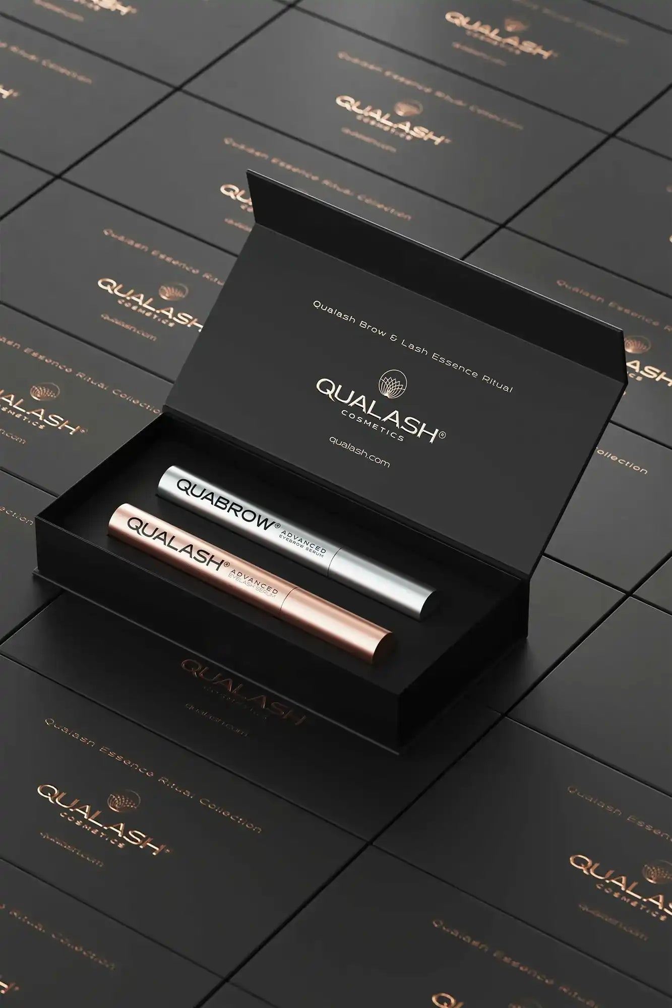 Open Ritual Collection box with QUABROW eyebrow serum and QUALASH eyelash serum