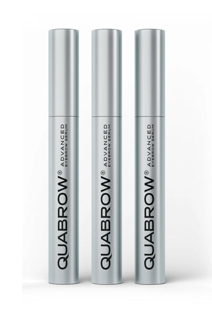 QUABROW Advanced Eyebrow Serum Trio Set displayed on branded packaging with one tube opened