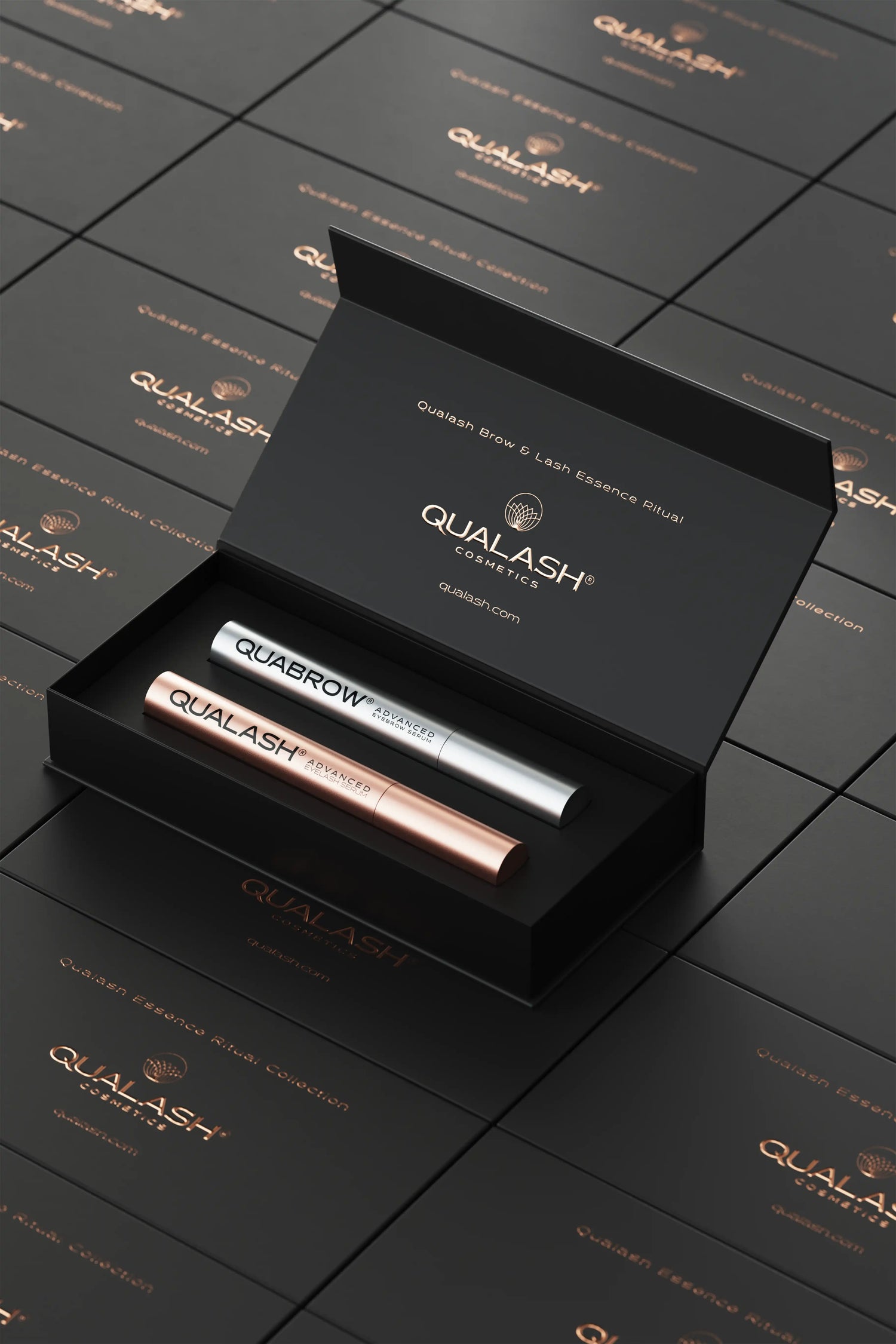 Open Ritual Collection box with QUABROW eyebrow serum and QUALASH eyelash serum