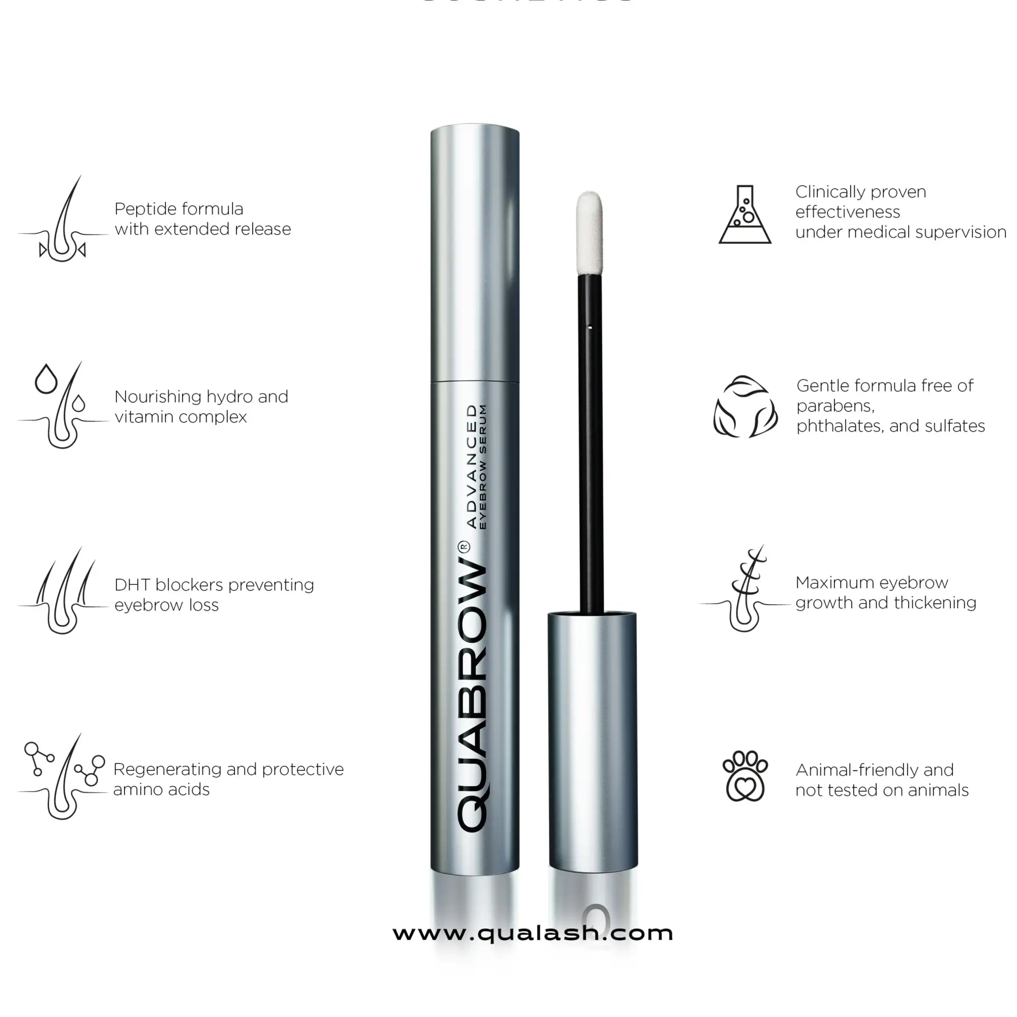 Silver-tubed quabrow advanced eyebrow serum with a black applicator wand and white tip, featuring clinical claims for eyebrow growth.